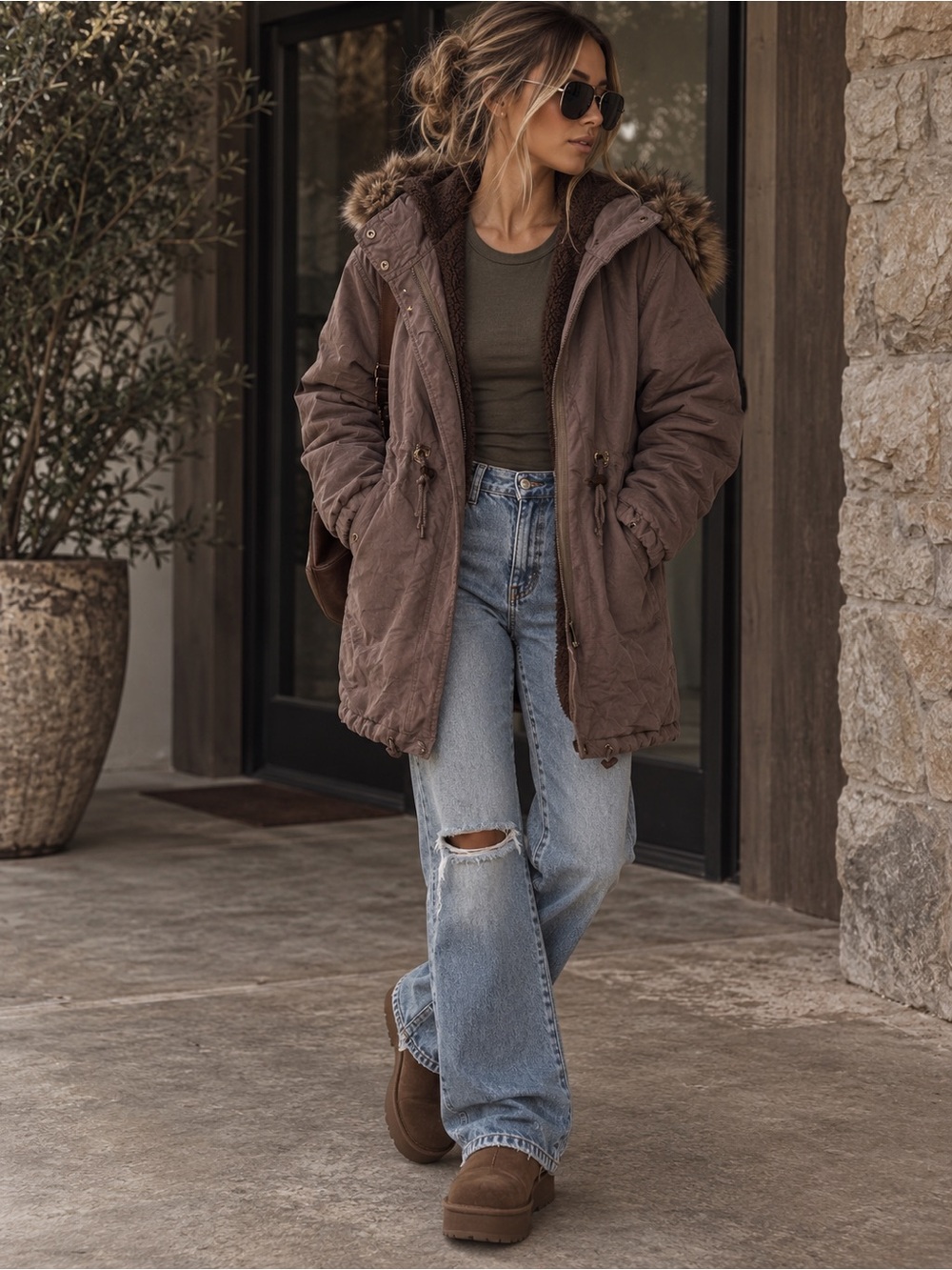 Obey Women's Taupe Brown Hooded jacket / parka